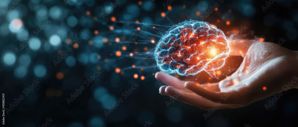 Poster ai collaboration, human and robotic hands connect over a glowing network of data, symbolizing innova
