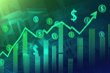 A green background with a graph of money going up and a dollar sign