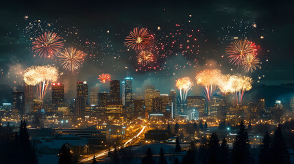 Obraz premium Vibrant city skyline illuminated by colorful fireworks against a dark night sky, showcasing urban life and celebration.