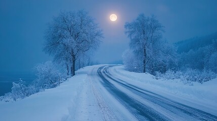 Fototapeta premium Snowy Road Under a Full Moon