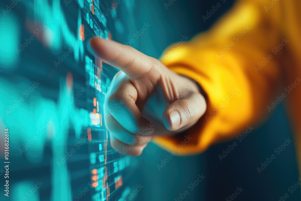 Poster analyst interacting with a large financial dashboard, utilizing gesture controls, set against a vibr