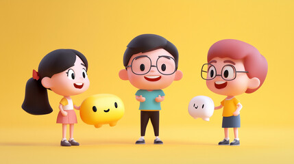 Fototapeta premium Cartoonish characters learn together in a bright setting while using fun language learning tools