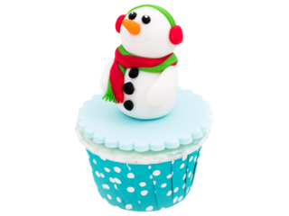 Snowman Cupcake: A delightful winter wonderland cupcake, adorned with a charming snowman figurine, complete with a green hat, red scarf, and adorable earmuffs.