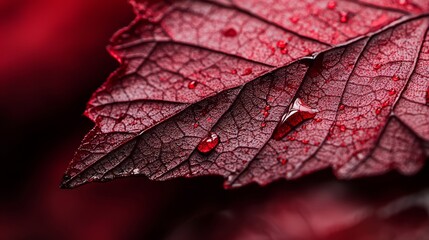 Fototapeta premium A red background features a tight shot of a red leaf dotted with water droplets on its surface