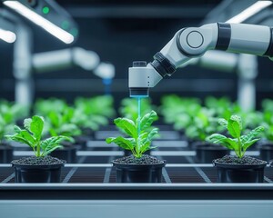 Automated greenhouse with robotic arms managing hydroponic plant care and nutrient distribution, Robotic hydroponic greenhouse, Futuristic, efficient, sustainable