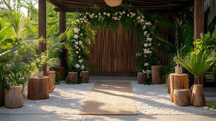 Beautifully designed archway decor featuring lush greenery natural wooden elements and carefully curated botanical details