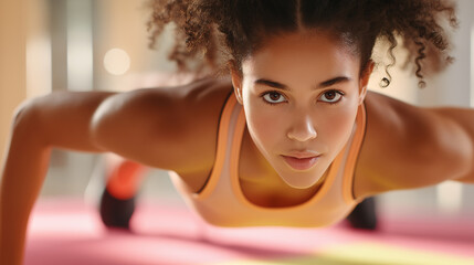 Fit Latina woman with athletic appearance performing cardio exercises at home in the gym doing plank and push-ups to enhance strength and endurance for a healthier lifestyle