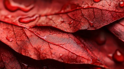  A red leaf with water drops at its ends and underrunning greener leaves behind