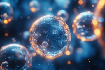 Obraz premium ethereal microscopic view of translucent molecules floating in a shimmering blue liquid with depth of field effect and bioluminescent highlights