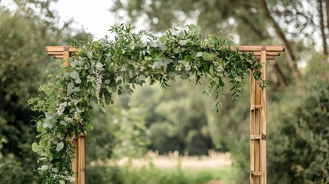 Sustainable wooden arch adorned with lush greenery botanical flowers and natural textures creating an eco friendly and elegant backdrop for various events and