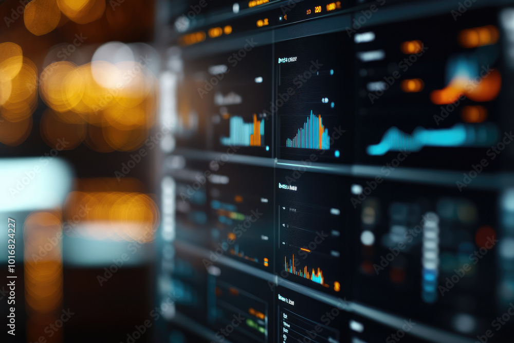 Poster business intelligence dashboard, virtual screen display, big data analysis, interactive graphs, comp