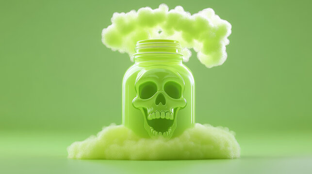 Cartoonish poison bottle bubbling with skull-shaped smoke, set against a sickly green backdrop, creating a whimsical yet eerie atmosphere.
