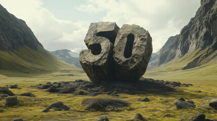 A large rock formation displaying the number 50 stands prominently in a green valley surrounded by mountains under cloudy skies