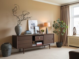 Warm and Cozy Living Room Interior Design with Brown Sideboard, Gray Vase, Stylish Sculpture, Books, Casket, Personal Accessories, and Ample Copy Space for Home Decor Inspiration