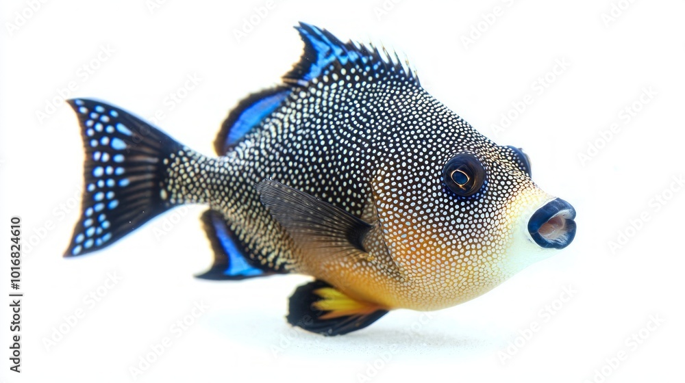 Poster Triggerfish a member of the Balistidae family displays vibrant colors and intricate patterns highlighting its unique features against a plain backdrop.