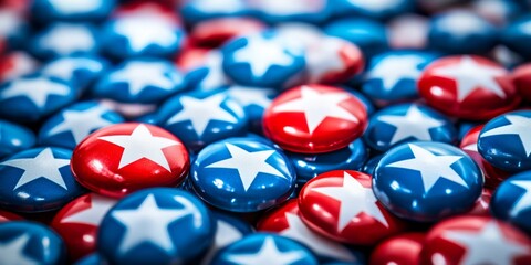 This collection of red, white, and blue campaign buttons with stars embodies American patriotism, especially during crucial election seasons that shape our nations future and democracy