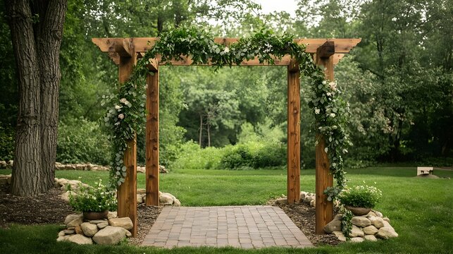 Rustic wooden arch adorned with a lush arrangement of greenery floral accents and natural textures creating an earthy sustainable and inviting aesthetic for an outdoor wedding ceremony