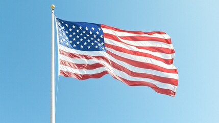 Obraz premium Majestic American Flag Waving in Sunshine - A Symbol of Freedom and Pride Against a Clear Blue Sky