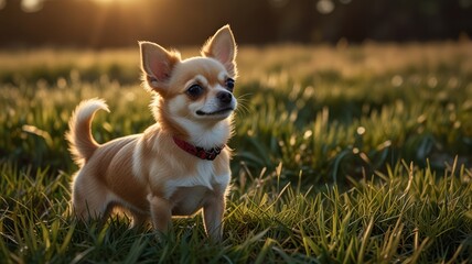 A small chihuahua dog stands in a field of green grass, backlit by the setting sun.