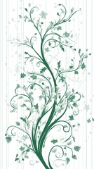 Elegant green floral design with intricate vines and leaves.