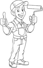 A painter decorator handyman cartoon construction man mascot character holding a paint roller tool