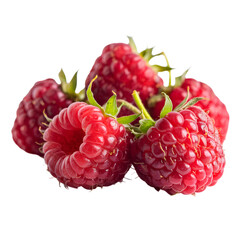 Ripe red raspberries, textured surface, grouped closely, green stems, white background
