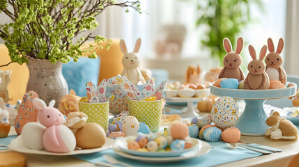 Easter Celebration Table, vibrant decorations, colorful treats, joyful ambiance, festive gathering, springtime joy, family and friends sharing moments