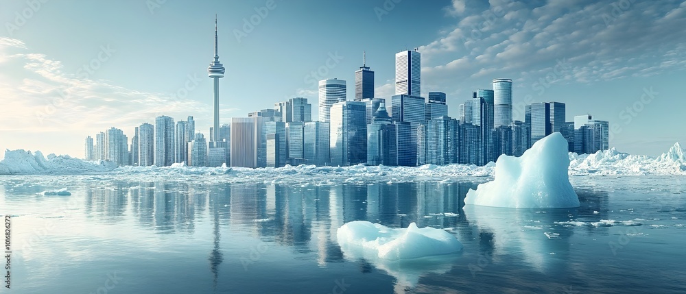 Poster impressive corporate cityscape with towering glass skyscrapers reflected in the waters of a melting 