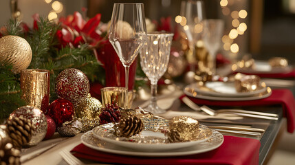 Naklejka premium New Year's Eve Celebration Table, adorned with vibrant party favors, sparkling decorations, ready for a joyful gathering and festivities.