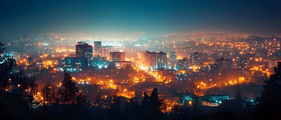 Fototapeta premium Glowing Cityscape at Night Highlighting the Overwhelming Impact of Urban Light Pollution on the Environment The image showcases a dense illuminated city skyline with skyscrapers
