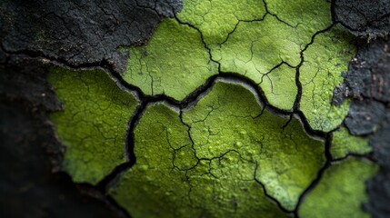  A tight shot of green and black paint on weathered wood, revealing a distinct crack