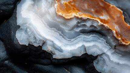 Fototapeta premium A tight shot of a rock's edge featuring brown and white striations, with a dark background of a black rock