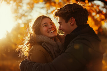 A young couple in love, laughing and embracing outdoors during a golden autumn afternoon, surrounded by vibrant fall foliage and warm sunlight