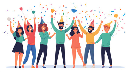 Obraz premium Friends joyfully celebrating together, wearing colorful party hats, surrounded by vibrant confetti, laughter and excitement in the air