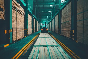 Forklift transporting wooden planks in a warehouse