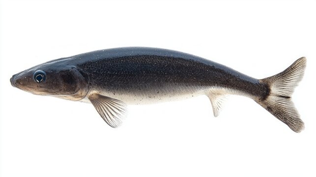 African Knife Fish is displayed in isolation highlighting its elongated body and striking black and white coloration typical of its species.