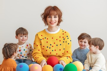 Joyful Group of Smiling Children with Colorful Balls and Teacher in Playful Classroom, Childhood Education Concept