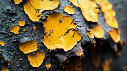 Obraz premium A tight shot of tree bark exhibiting yellow and black paint flakes in separation