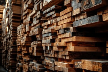 Fototapeta premium A Stack of Wooden Planks in a Lumber Yard