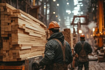 Worker in a Hardhat Stands Near a Stack of Wood in a Factory