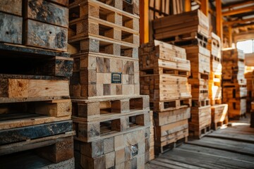 Stacked Wooden Pallets in a Warehouse Interior