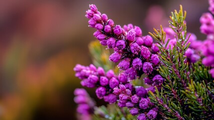 Obraz premium A tight shot of purple blooms on a tree branch against a hazy backdrop of green leaves and purple flowers