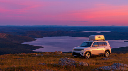 Obraz premium Gray family crossover SUV parked on a hilltop with a rooftop cargo box against a stunning sunset landscape featuring a lake and mountains