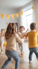 Naklejka premium Joyful Children Playing in Sunny Room, Laughter, Friendship, Colorful Decorations, Childhood Fun Concept