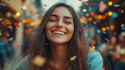 Fototapeta premium Joyful woman with long hair enjoying a vibrant moment