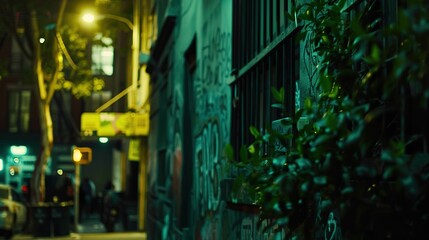Dark alleyway at night with shadowy figures symbolizing gang violence, broken window and graffiti-covered wall under harsh streetlight glow.