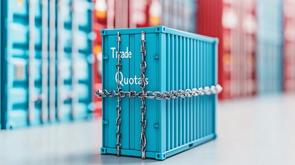 A blue shipping container secured with chains, symbolizing trade and economic barriers in a vibrant warehouse environment.