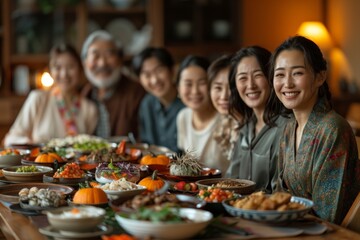 Fototapeta premium Multigenerational family gathering around a festive dinner table, showcasing love, connection, and the importance of family traditions.