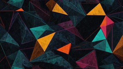 A complex and vibrant abstract artwork featuring a web of interconnected polygons in shades of orange, yellow, teal, and purple against a dark background