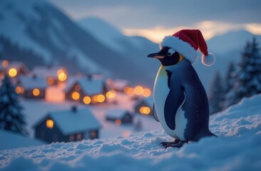 A penguin wearing a Santa hat stands in a snowy village at twilight, with cozy lights glowing in the background. Suitable for holiday cards, winter-themed marketing, and seasonal advertising